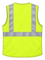 Hi-vis safety vest back with EMB placement example; suitability checked before production
