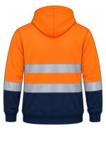 Orange hi-vis hoodie · taped back with EMB placement example; suitability checked before production