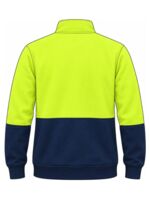 Hi-vis jumper · non-taped back with EMB placement example; suitability checked before production