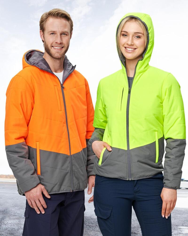  Unisex Hi Vis Modern Styling Hooded Puffer Jacket Thumbnail