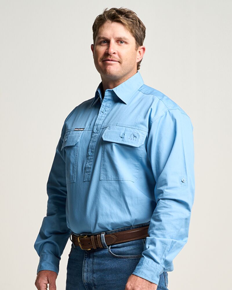 KILCOY | Mens Half Button Long Sleeve Work Shirt - Sky Blue Thumbnail