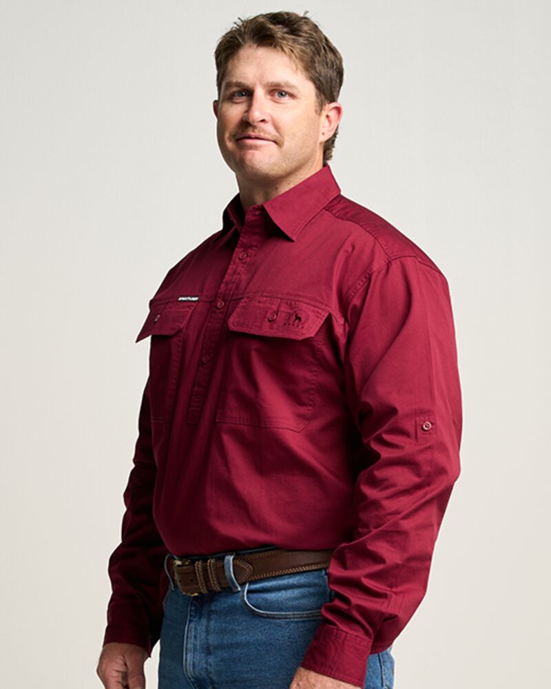 KILCOY | Mens Half Button Long Sleeve Work Shirt - Burgundy Thumbnail