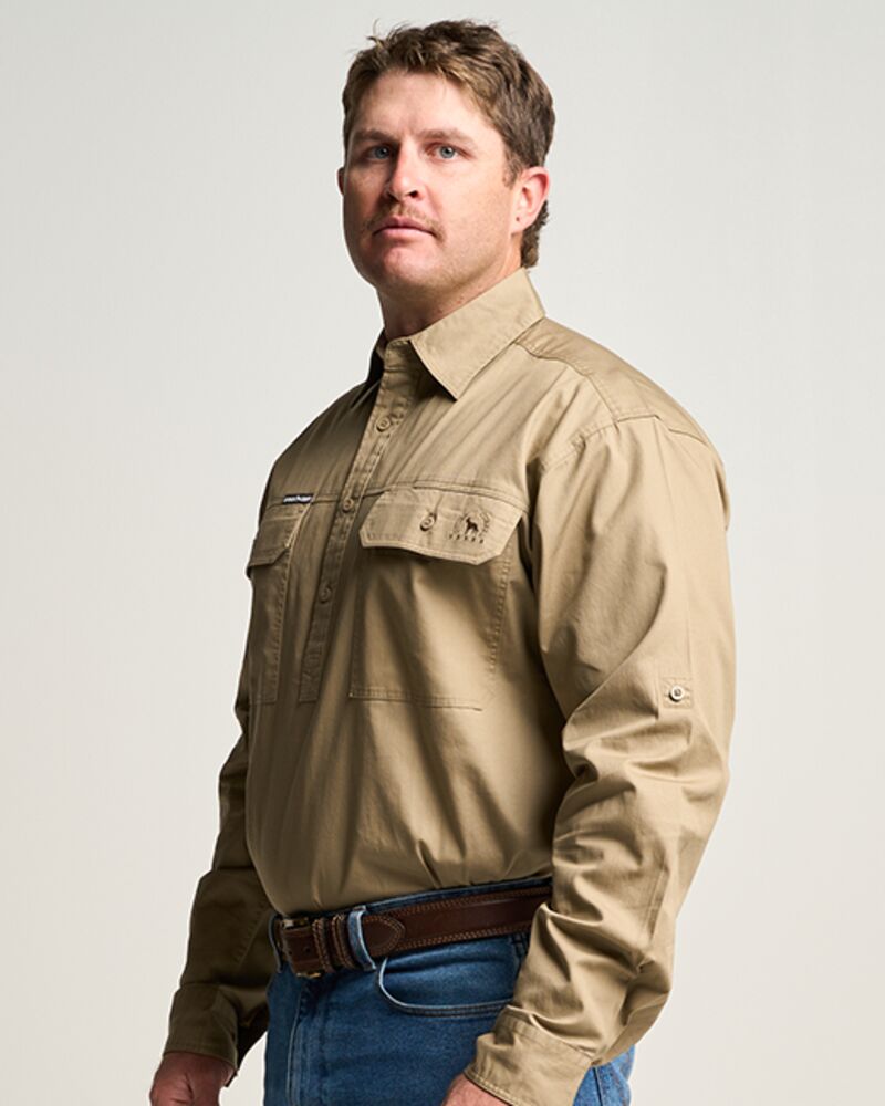 KILCOY | Mens Half Button Long Sleeve Work Shirt - Khaki Thumbnail
