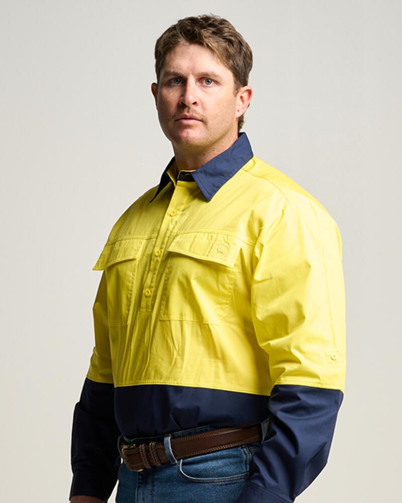 BRAHAM | Mens Half Button Long Sleeve Hi Vis Work Shirt - Yellow / Navy Thumbnail